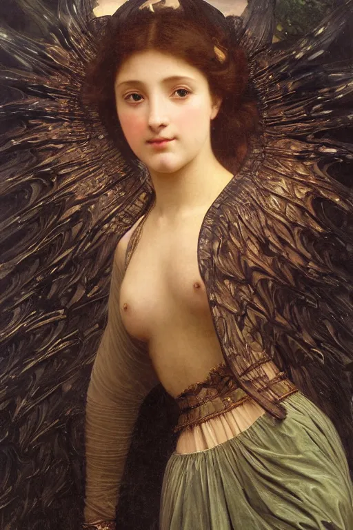 Image similar to hyperrealist highly detailed english medieval portrait of high fashion archangel wrapped in ferrofluid liquid, Art by William Adolphe Bouguereau,, Art by William Adolphe Bouguereau,, by Annie Swynnerton and Tino Rodriguez and Maxfield Parrish, elaborately costumed, rich color, dramatic cinematic lighting, extremely detailed, radiating atomic neon corals, concept art pascal blanche dramatic studio lighting 8k wide angle shallow depth of field, Art by William Adolphe Bouguereau, extreme detailed and hyperrealistic