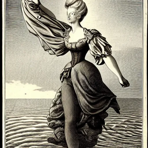 Image similar to A beautiful 19th century wood-engraving of Marie Antoinette levitating over the sea, by Édouard Riou Jules Férat and Henri de Montaut, highly detailed, fine Art, high detail, masterpiece, illustration, clear eyes, trending on artstation