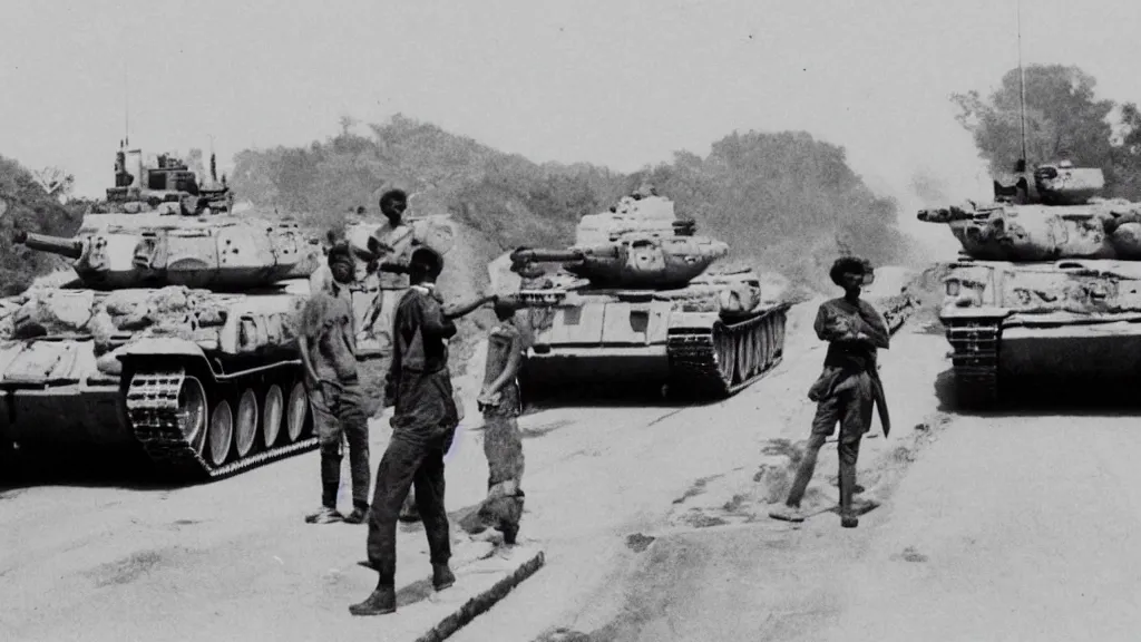 Image similar to old historic photograph with person in white shirt, holding grocery bags, standing alone on the road facing four battle tanks approaching him, intense photo