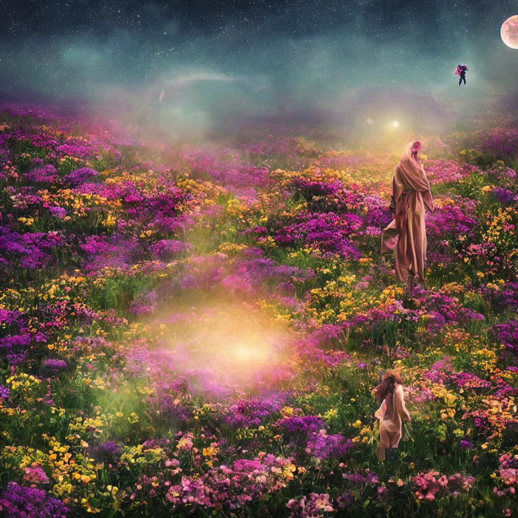 Image similar to a planet of various flowers, fungus and plants, in which the human figure is dressed in something magical and impressive, inside the picture is infinity, sunset light, Atmospheric phenomenon, artistic photography, muted colors, conceptual, long exposure outside the city