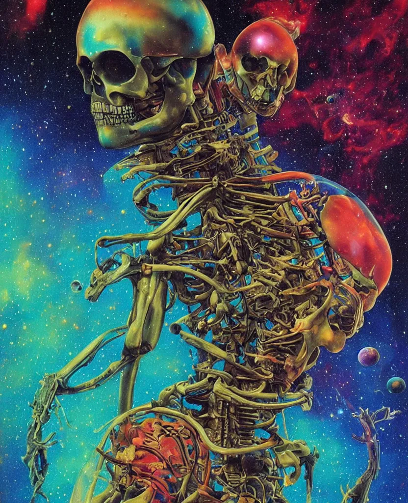 Prompt: a psychedelic cosmonaut skeleton tearing his suit off, rainbow melting color scheme, floating in the cosmos nebula, glass space helmet, Beksinski, Greg Hildebrandt, 8k highly detailed ❤️‍🔥 🔥 💀🤖