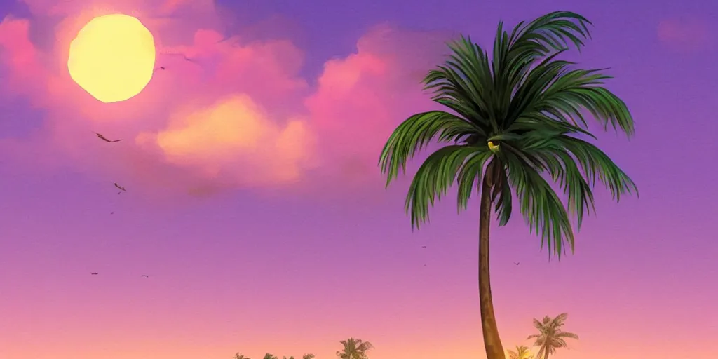 Prompt: purple sunset. palm trees. beach. realistic. concept art. fluffy