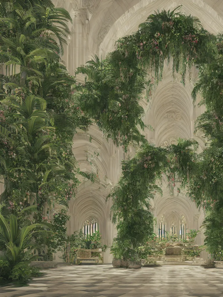 Prompt: grand cathedral interior with koi pond in the middle surrounded by palm trees, ivy, flowers, tropical plants, roses, and with archways, rendered in octane render with photorealistic soft volumetric lighting, cinematic, symmetrical