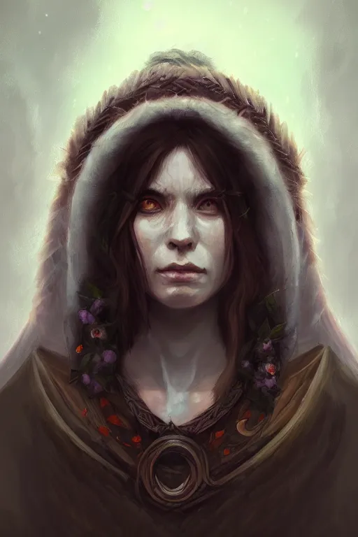 Prompt: head and shoulders portrait of a druid, female, high fantasy, dnd, by wlop