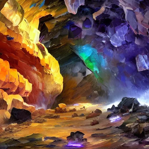 Image similar to A huge cave full of rainbow color crystals and gems on the ground, and stuck to the walls made of huge grey boulders, very dark, midnight, oil painting by Afremov and Greg Rutkowski.