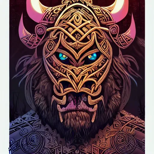 Image similar to barong family member, viking warrior, viking beard, mammoth, wiwek, mara demon, one single tribe member, jungle, one single mask, dark, ancient warrior, tribal, inner glow, art by dan mumford and justin gerard