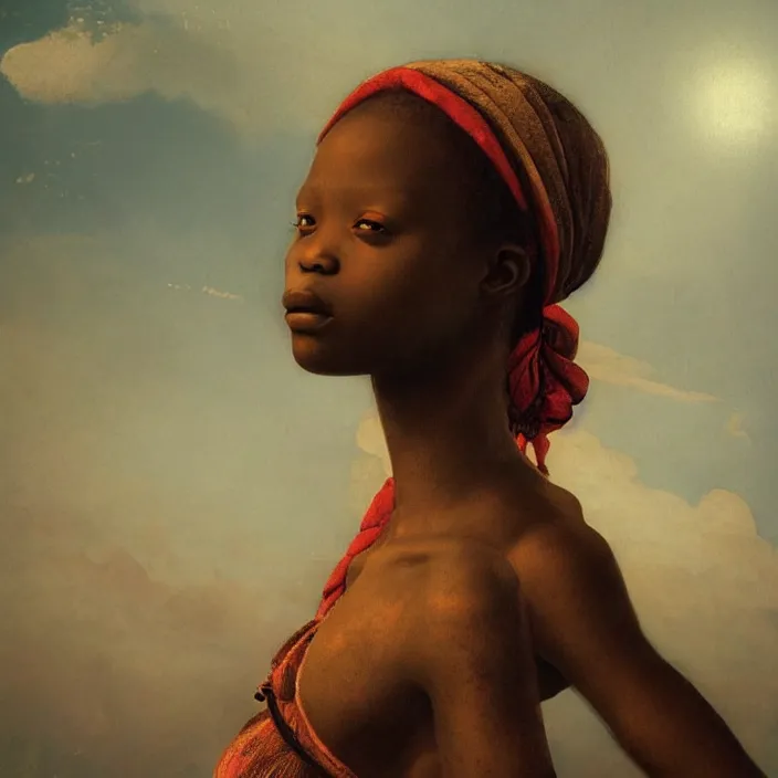 Image similar to a painting of a African girl by Leonardo da Vinci . dramatic angle, ethereal lights, details, smooth, sharp focus, illustration, realistic, cinematic, artstation, award winning, rgb , unreal engine, octane render, cinematic light, macro, depth of field, blur, red light and clouds from the back, highly detailed epic cinematic concept art CG render made in Maya, Blender and Photoshop, octane render, excellent composition, dynamic dramatic cinematic lighting, aesthetic, very inspirational, arthouse.