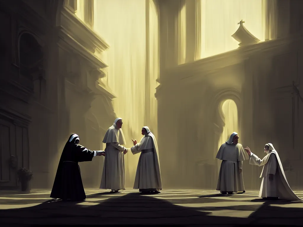 Prompt: Nun dancing with the pope, dramatic lighting, cinematic, establishing shot, high detail, cinematic lighting, post processed, 8k, concept art, artstation, matte painting, in the style of eddie mendoza, raphael lacoste, alex ross