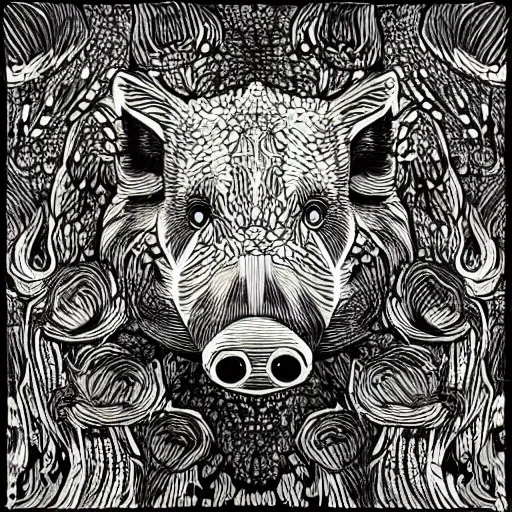 Image similar to art of symmetrical wild boar with mushrooms on face, in the style of moebius and studio ghibli and vincent van gogh
