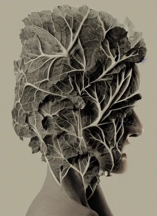 Image similar to a womans face in profile made of leaf skeleton in the style of the Dutch masters and Gregory Crewdson dark and moody