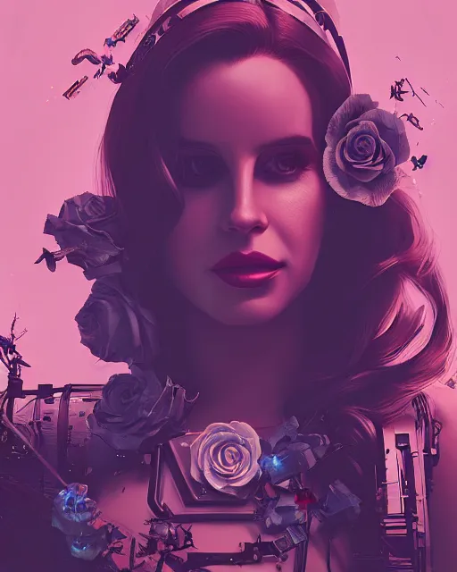 Image similar to portrait of lana del rey as a cyberpunk cyborg. roses, sci - fi, missing panels, intricate abstract upper body intricate artwork, by tooth wu, wlop, beeple, dan mumford. concept art, octane render, deviantart, greg rutkowski, cinematic, key art, hyperrealism, iridescent accents