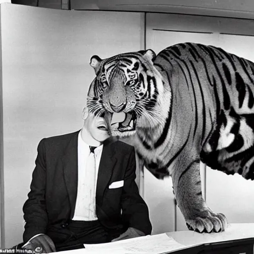 Image similar to 1 9 6 0's news show, a man in a vintage suit sitting behind a silver desk while being attacked by a giant man - eating tiger
