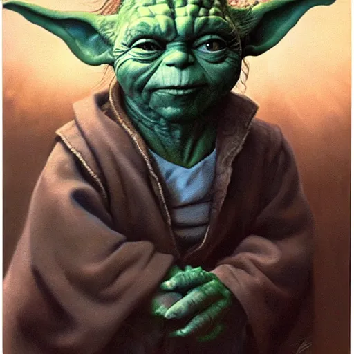 Image similar to ultra realistic portrait painting of tommy lee jones as yoda, art by frank frazetta, 4 k, ultra realistic, highly detailed, epic lighting