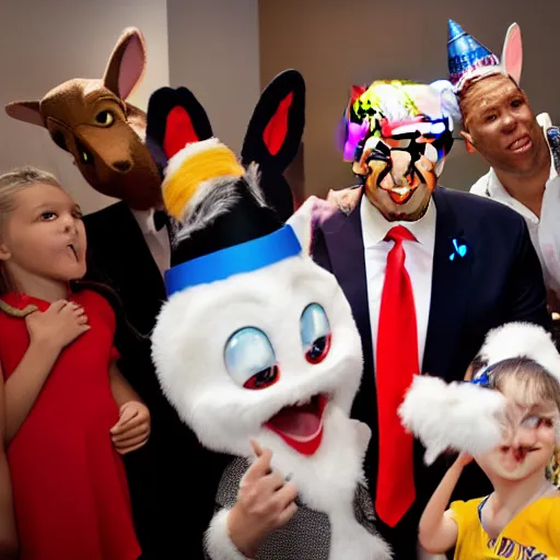 Prompt: high definition photo Donald trump dressed as Bugs Bunny spying on children at a birthday party, high quality, dynamic, good lighting