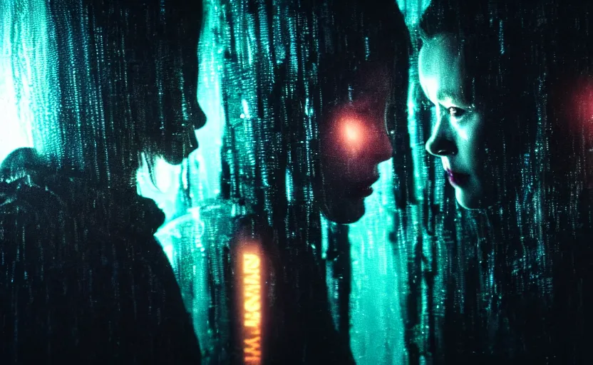 Prompt: cinestill 5 0 d candid photographic portrait by christopher nolan of two loving female androids sobbing wearing rugged black mesh techwear in treacherous waters, flooded city, medium closeup, modern cyberpunk moody emotional cinematic, pouring iridescent rain bright spotlight, 8 k, hd, high resolution, 3 5 mm, f / 3 2, ultra realistic faces, ex machina