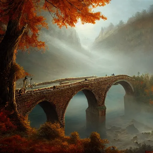 Image similar to the mist in the autumn valley, the ancient magical bridge by quentin mabille