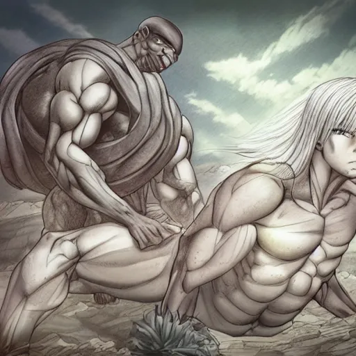 Image similar to a crawling mountain of muscles, highly detailed, anime, pale colors, award winning pictures, by studio mappa, by studio wit