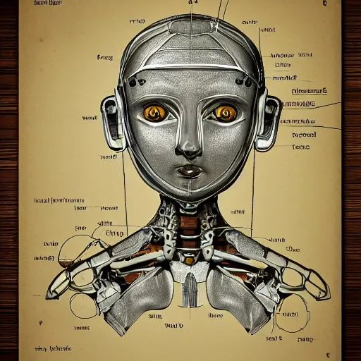 Image similar to technical drawing of ancient womanized humanoid robot, symmetrical, anatomically correct, old historical photo, ancient paper, photorealistic