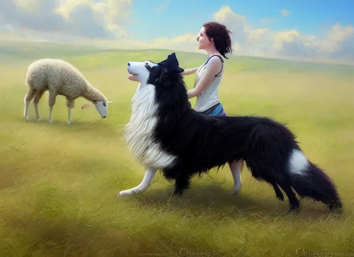 Image similar to wide shot painting of a border collie kissing a sheep in a pasture, beautiful, intricate, elegant, realistic proportions, highly detailed, scenic background, trending on artstation, art by charlie bowater and henry asencio and and ross tran