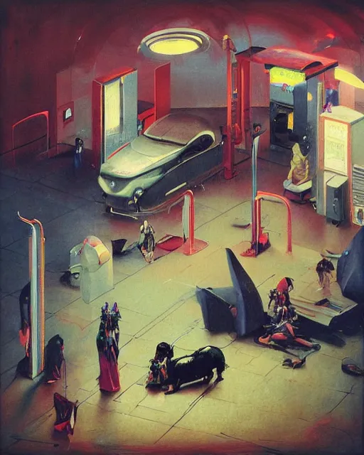 Image similar to square people conversing with dark dogs at a gas station with large oxygen tank in the style of Francis Bacon and Syd Mead and Norman Rockwell and Beksinski, open ceiling, highly detailed, painted by Francis Bacon and Edward Hopper, painted by James Gilleard, surrealism, airbrush, very coherent, triadic color scheme, art by Takato Yamamoto and James Jean