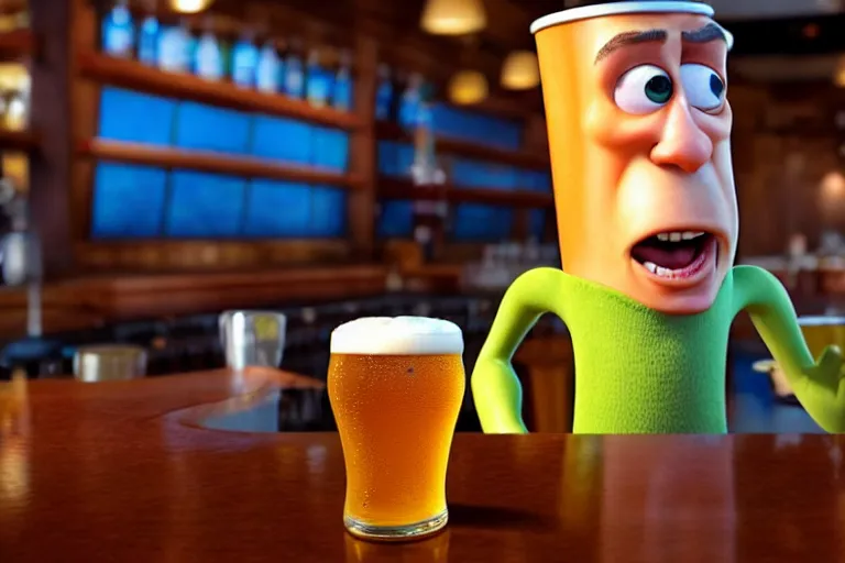 Image similar to a anthropomorphic pint of beer, pixar, who is a customer, waits to be served by a bartender,