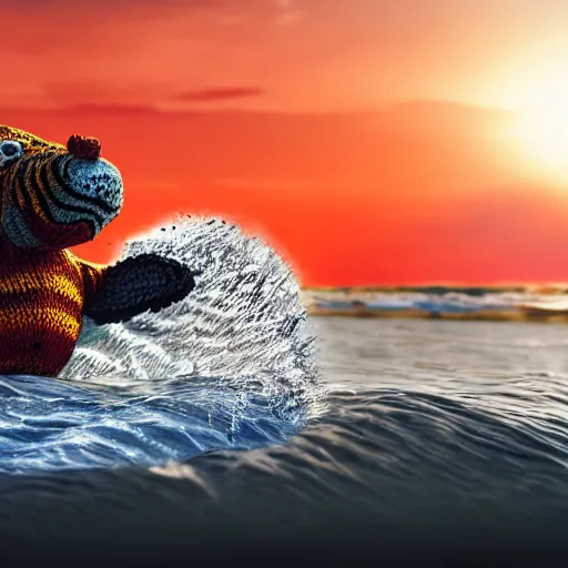 Image similar to a closeup photorealistic photograph of a cute smiling knitted tiger hippopotamus riding a wave at sunset. surf in background. professional capture. brightly lit scene. this 4 k hd image is trending on artstation, featured on behance, well - rendered, extra crisp, features intricate detail, epic composition and the style of unreal engine.