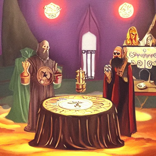 Image similar to Liz (sorceress), Tim (bearded alchemist) presiding over the Council of Shadows | fantasy painting