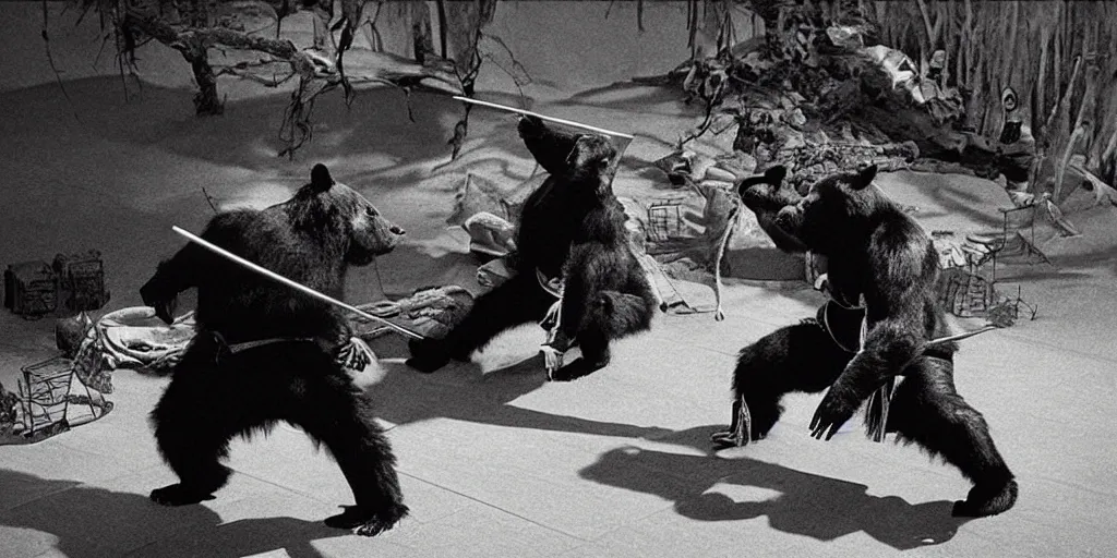 Image similar to scene from Shogun’s Shadow, 1989, movie still, cinematic, anthropomorphic, half man half asian black bear, black bear samurai, Moon Bear Samurai, epic, samurai