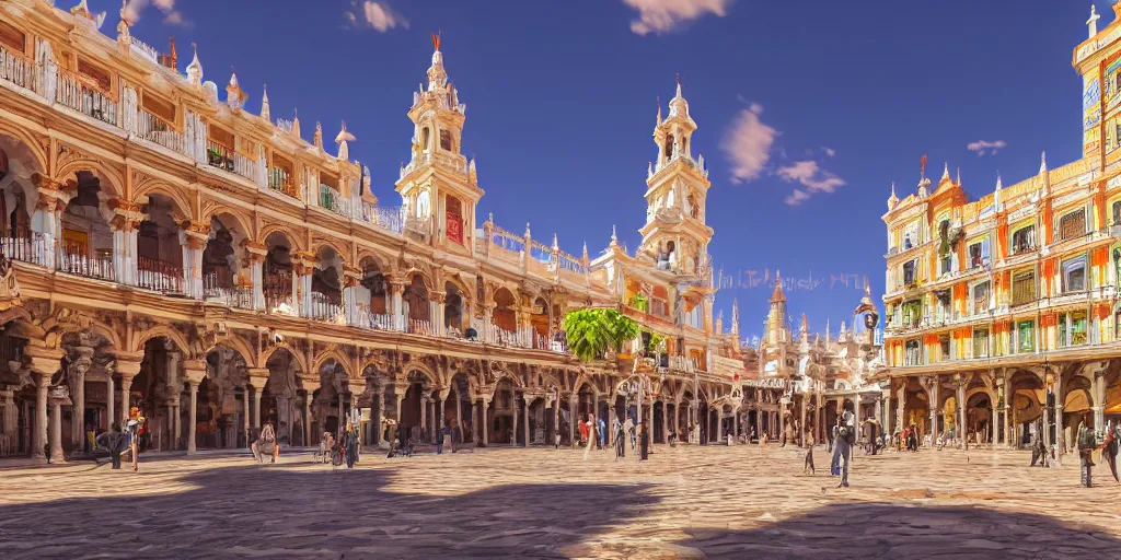 Image similar to ultra detailed and realistic painting of la plaza nueva ( seville ) inspired by very beautiful cute and colored disney movie backgrounds, rendered in 8 k unreal engine