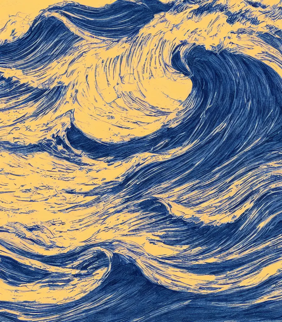 Prompt: a beautiful artwork of a perfect set of waves!, lineart, rough charcoal sketch, blue colored highlights, golden sunset, dark waves