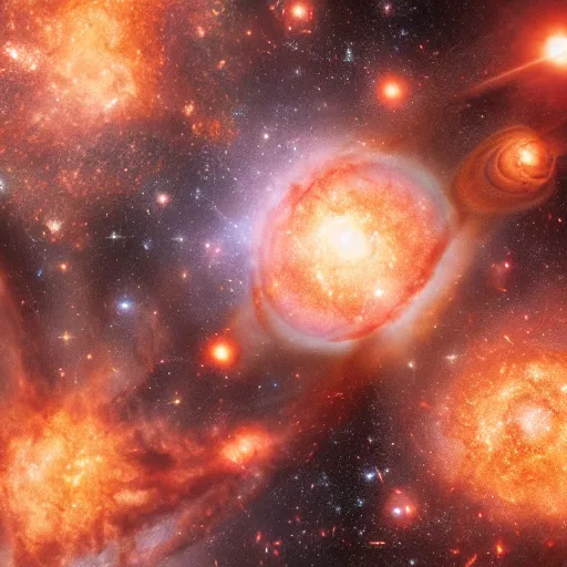 Image similar to hubble image of army of planets in galactic maelstrom, fire, vray, 5 5 mm