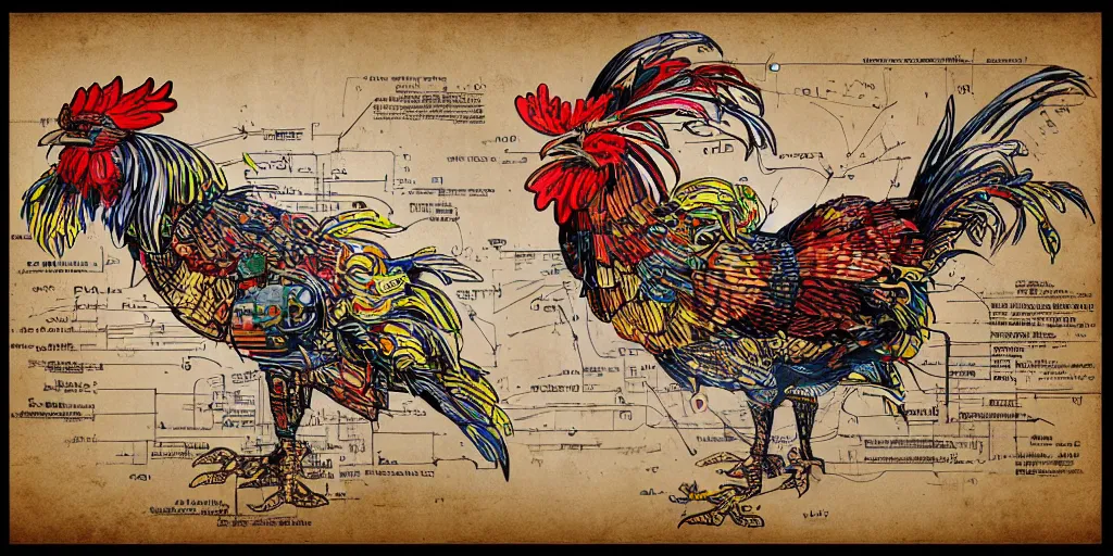 Prompt: colorful schematic of a fighting rooster made of rocket parts, schematic, dieselpunk, illustration, intricate, highly detailed