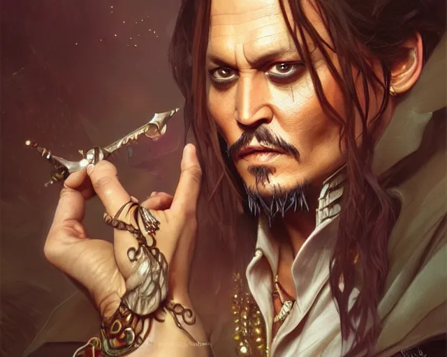 Image similar to photography of johnny depp, deep focus, d & d, fantasy, intricate, elegant, highly detailed, digital painting, artstation, concept art, matte, sharp focus, illustration, hearthstone, art by artgerm and greg rutkowski and alphonse mucha