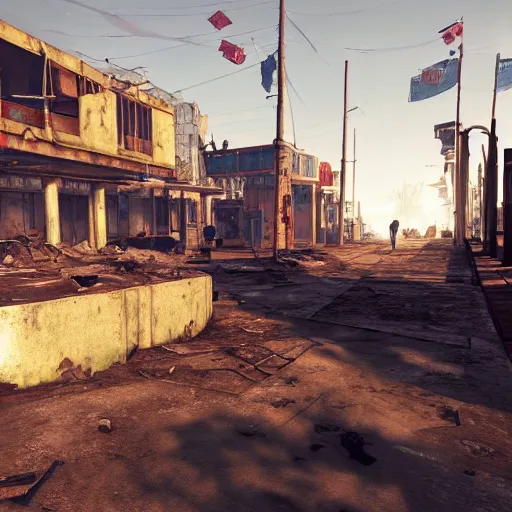 Image similar to Venice Beach in ruins post-nuclear war in Fallout 4, in game screenshot