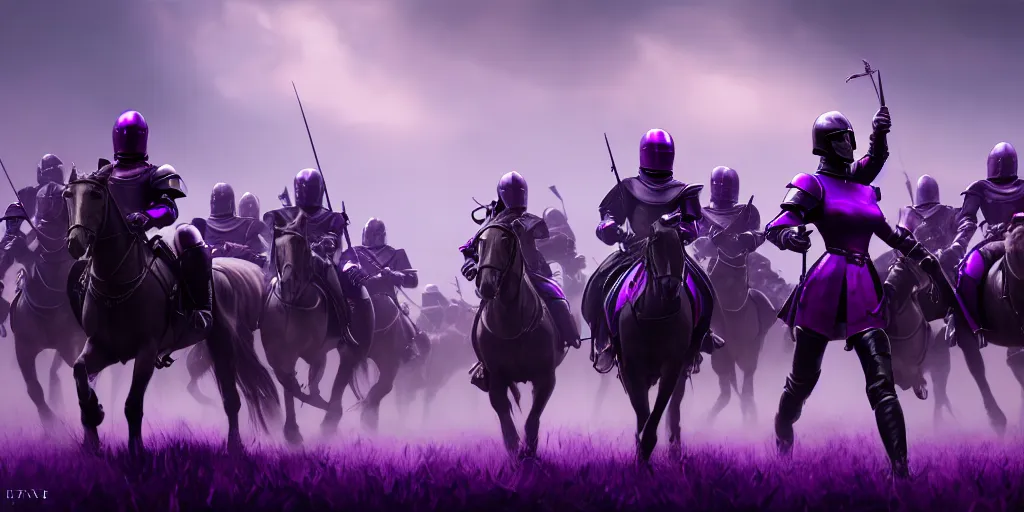 Prompt: painting of lady in purple leading an army of riding knights, hyper - realistic, unreal engine, octane render, digital art, trending on artstation, 8 k, detailed, atmospheric, immaculate