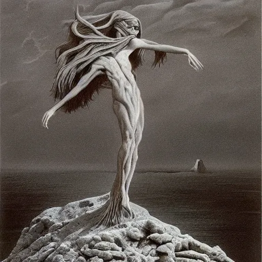 Prompt: by zdzisław beksinski, by ivan albright lifelike, accurate. a beautiful experimental art of a human - like creature with long, stringy hair. the figure has no eyes, only a mouth with long, sharp teeth. the creature is standing on a cliff overlooking a dark, foreboding sea.