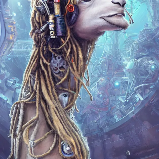 Image similar to llama with dreadlocks, industrial scifi, by mandy jurgens, ernst haeckel, artgerm, james jean