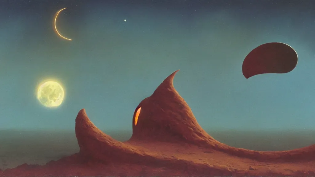 Image similar to mysterious whimsical sculpture of an alien crescent moon by paul lehr and john schoenherr and john harris, cinematic matte painting
