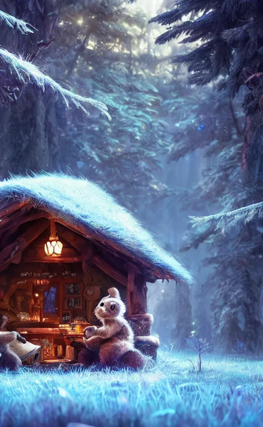 Prompt: a hut made of fur, magical forest, community, water bear, robots, electric, furry, soft, concept art, intricate details, highly detailed, photorealistic, disney pixar, octane render, iridescent, anime, 8 k