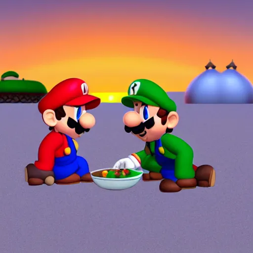 Prompt: mario and luigi on the beach eating beans, the sun setting in the background