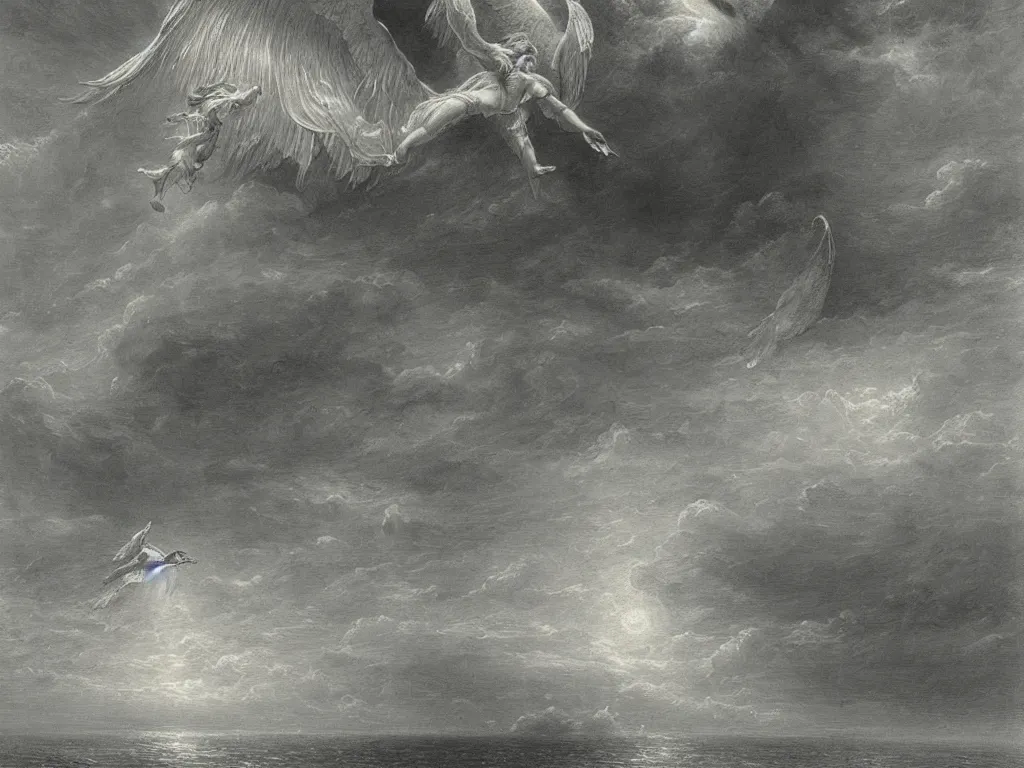 Image similar to seraphim angel in the sky flying on the sea painted by gustave dore