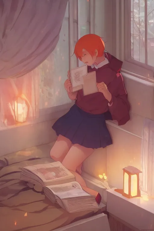 Image similar to a teenage girl with white short hair in a jk uniform outfit in the bedroom reading a book in a night, raining outside the window, warm and orange theme, by krenz cushart and mucha and akihito yoshida and greg rutkowski and makoto shinkai, 4 k resolution