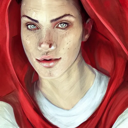Prompt: epic portrait an woman wearing white blouse with short sleeves and a red cape with a hood on, pretty face, beauty, freckles, glossy skin, bun hair, glowing eyes, digital painting, artstation, concept art, soft light, hdri, smooth, sharp focus, illustration, fantasy, intricate, elegant, highly detailed, D&D, matte painting, in the style of Greg Rutkowski and Alphonse Mucha and artemisia, 8k, highly detailed, jurgens, rutkowski, bouguereau, pastoral, rustic, georgic