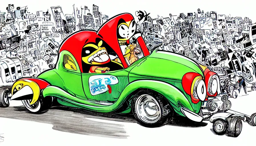 Image similar to funny, comic book style, racoon riding in a tiny hot rod coupe with oversized engine, ratfink style by ed roth, centered award winning watercolor pen illustration, by chihiro iwasaki, edited by range murata