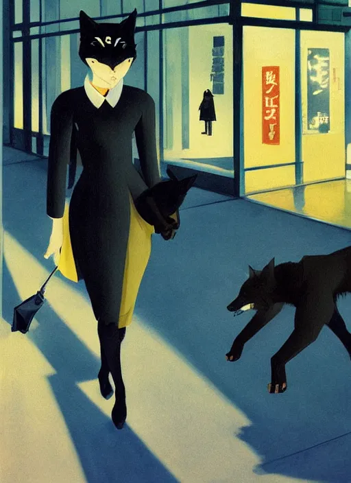 Image similar to woman with cat ears riding a black wolf on the night street of Tokyo by Edward Hopper and James Gilleard, highly detailed