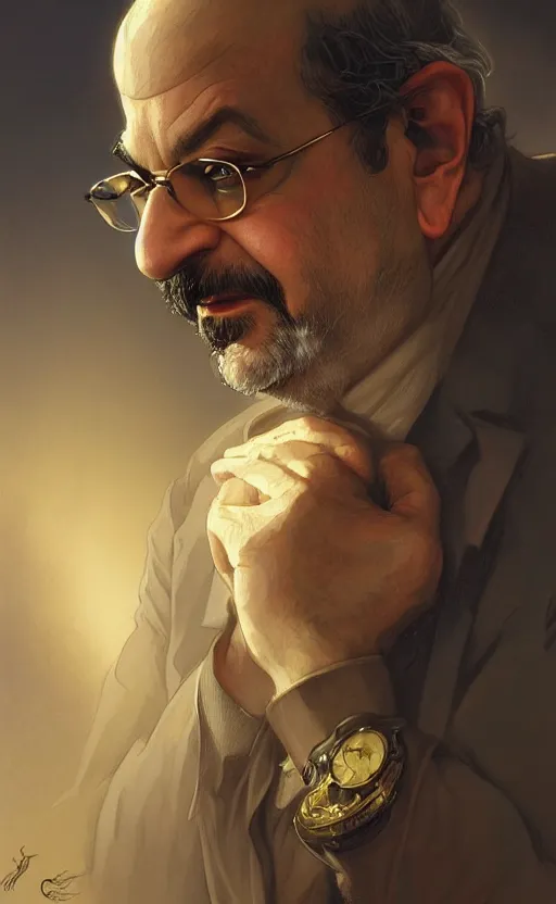 Image similar to portrait of salman rushdie, deep focus, d & d, fantasy, intricate, elegant, highly detailed, digital painting, artstation, concept art, matte, sharp focus, illustration, art by artgerm and greg rutkowski and alphonse mucha