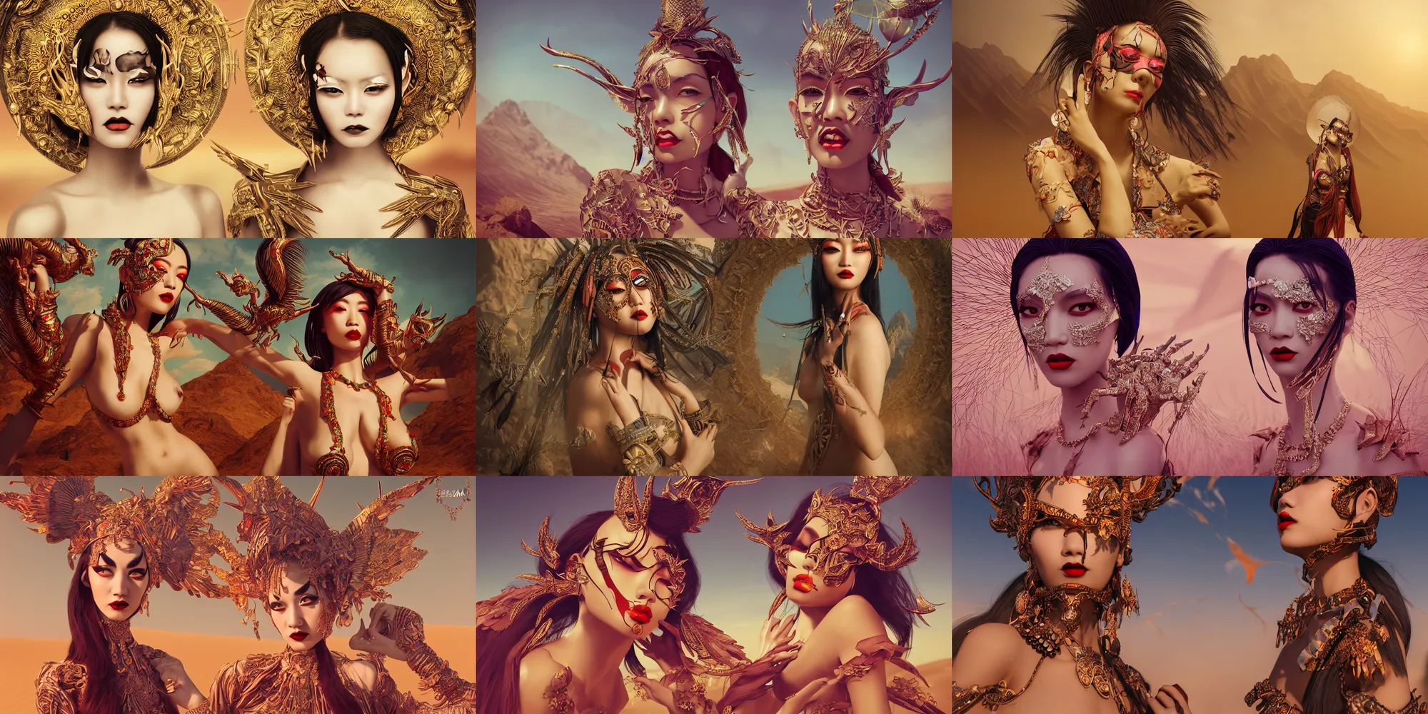 Image similar to giesha demon, innovative avant - garde art, deco fashion, asian women, highly detailed, photorealistic portrait, serene desert setting, crisp quality and light reflections, octane render, taror card with ornate border frame