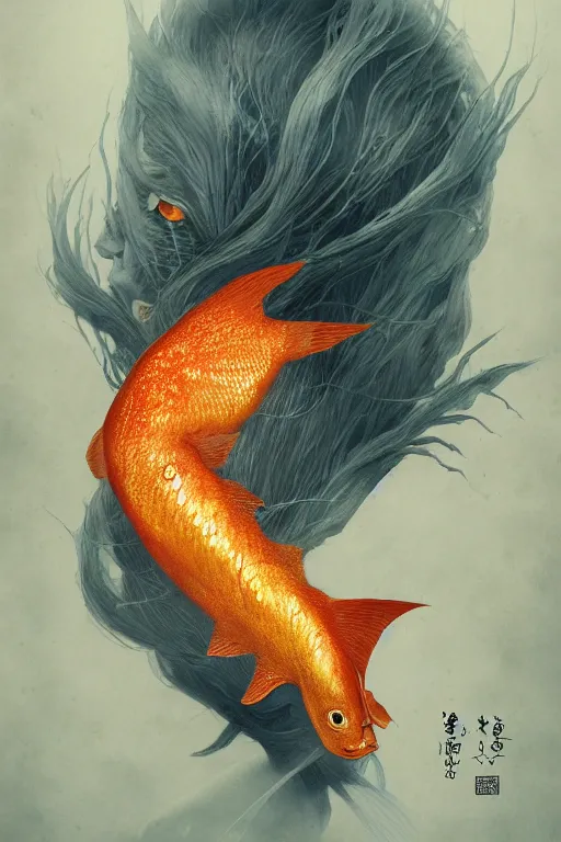 Image similar to a portrait of a japanese devil gold fish illustrated by miyazaki by karol bak, james jean, tom bagshaw, rococo, sharp focus, trending on artstation, cinematic lighting, hyper realism, octane render, 8 k, hyper detailed, vivid, ultra detailed, highly detailed