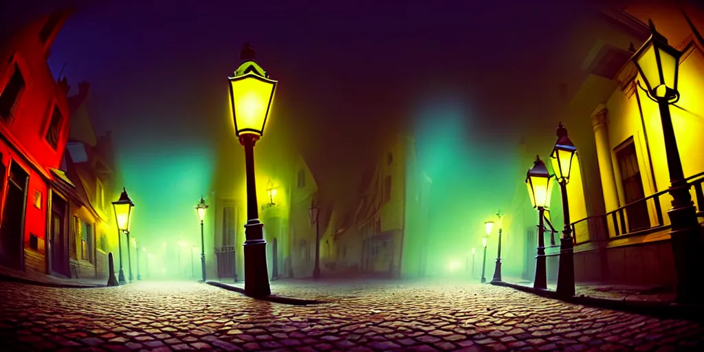 Image similar to curved perspective, extreme narrow, extreme fisheye, digital art of a night foggy street with victorian street lamps over cobblestone floor by anton fadeev from nightmare before christmas