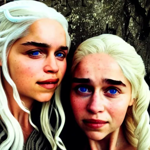 Prompt: a selfie of daenerys targaryen and daenerys targaryen, medium shot, detailed eyes,